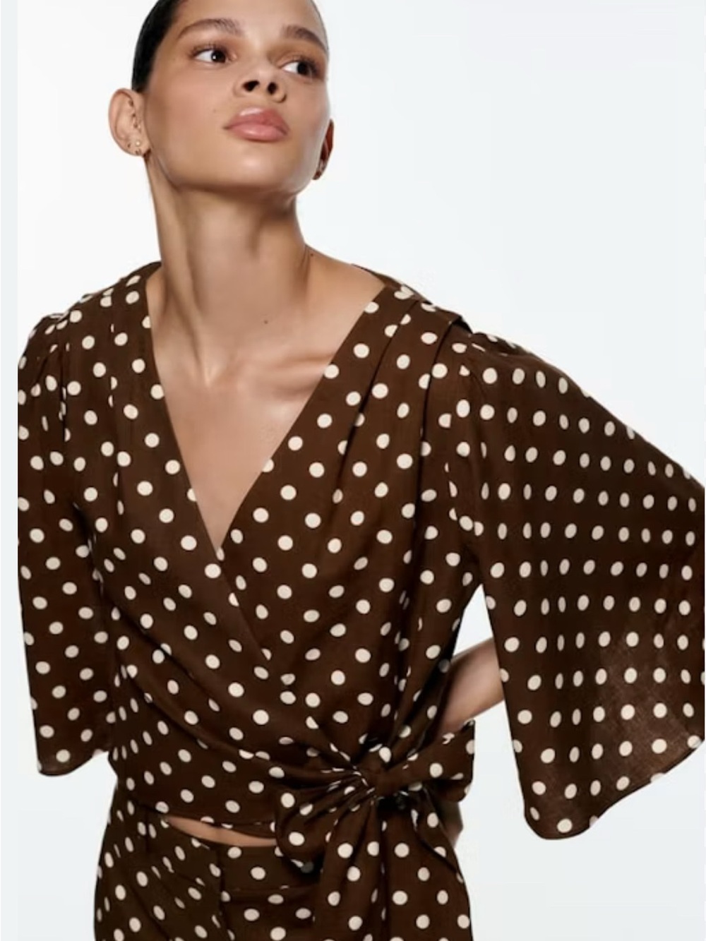 Zara Brown Polka Dot Wrap Cropped Blouse with Ivory Spots